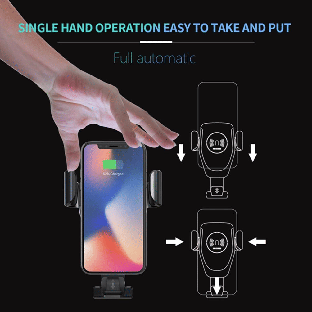10W Wireless Car Charger Mount — Auto-Clamping, Works with iPhone & Android